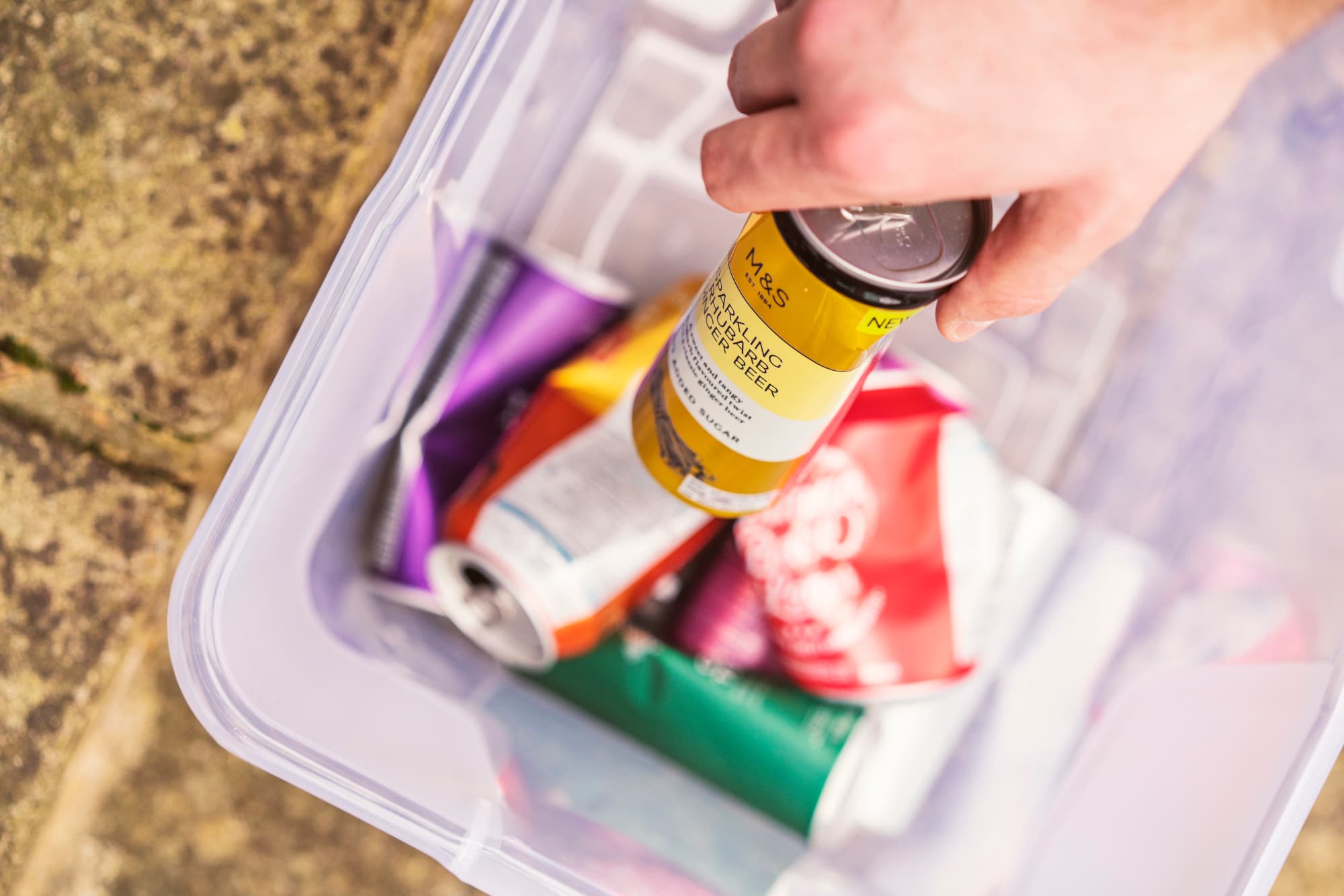 White hand putting drink can into a plastic container with other cans